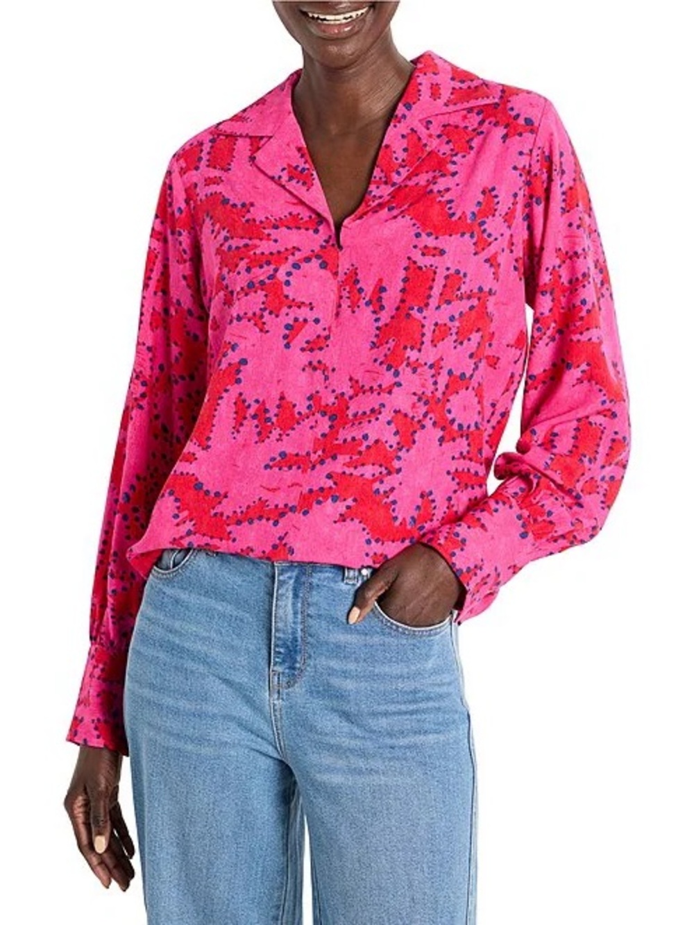 NIC+ZOE Women’s L Pink/Blue Polka Dot Collared Long Sleeve Viscose Blouse